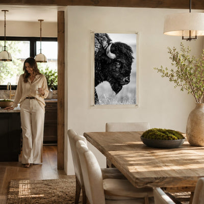 Vertical bison wall art with textured fur and curved horn