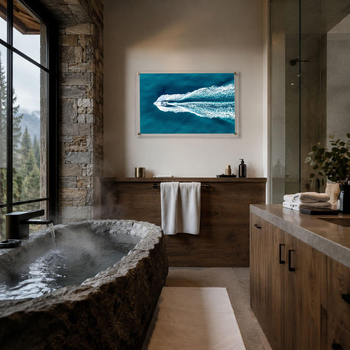 Horizontal ocean wall art with speedboat and sweeping white wake