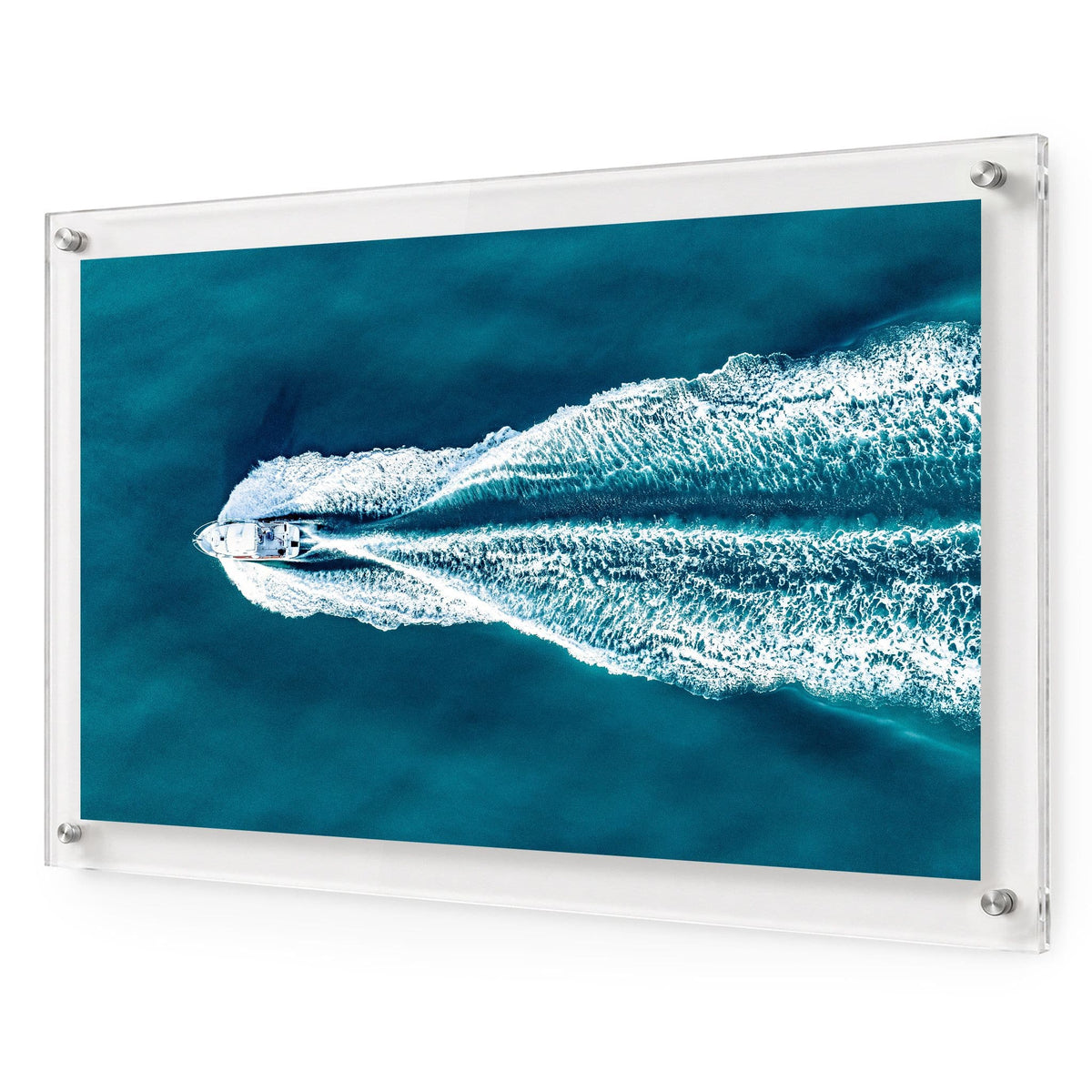 The Getaway acrylic wall art featuring a speedboat on blue ocean water