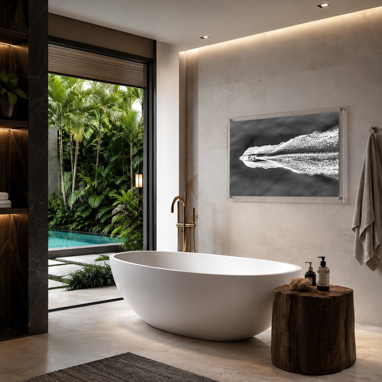 Black and white acrylic wall art featuring a boat and textured wake