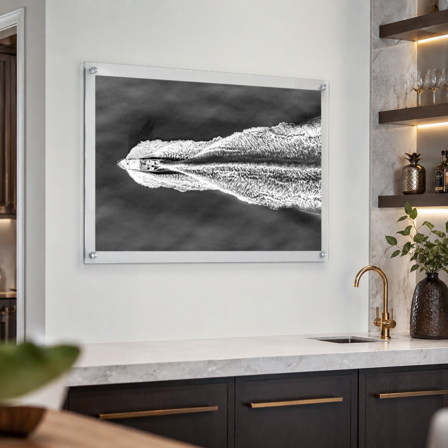The Getaway black and white boat wall art with aerial ocean view