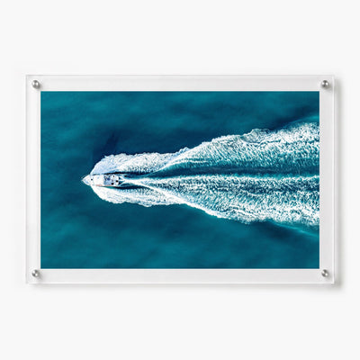 The Getaway horizontal wall art with ocean wake and boat