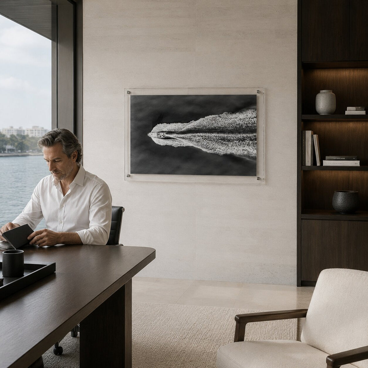 The Getaway Black & White Acrylic Wall Art Print displayed in a modern home office