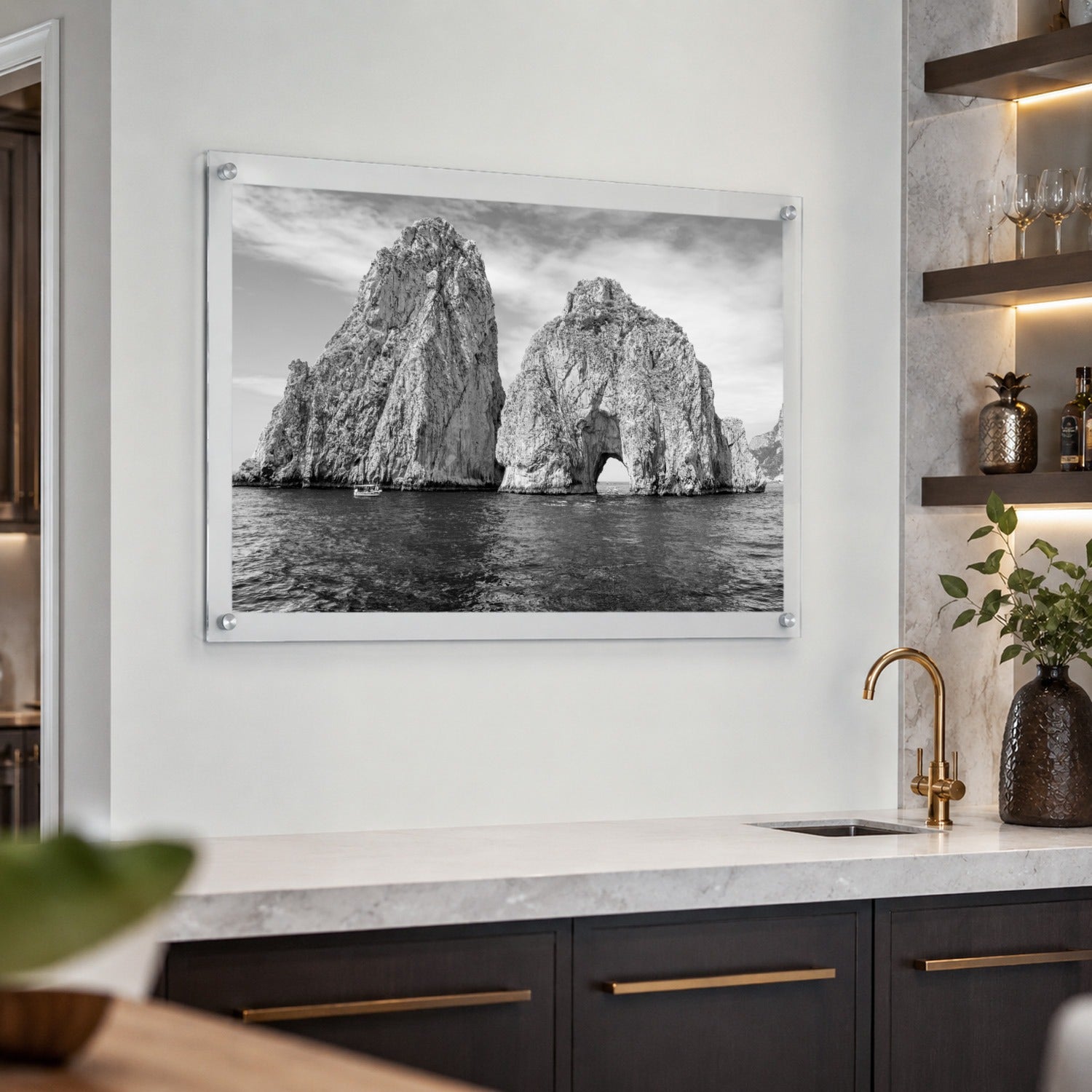 Capri on the Rocks Black & White Acrylic Wall Art Print