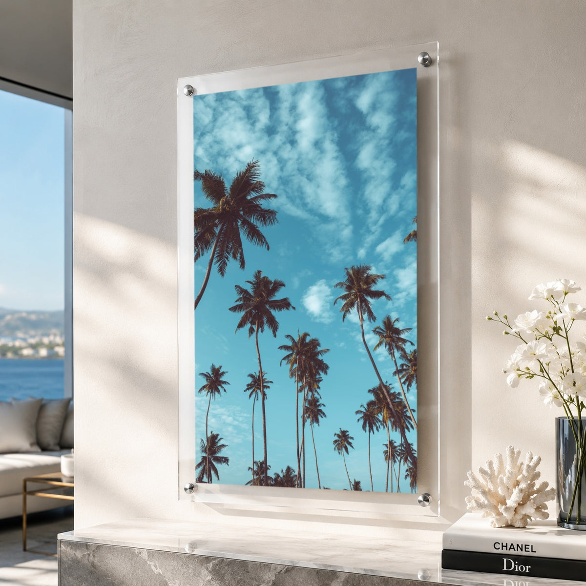 Tropical landscape acrylic wall art with tall palms