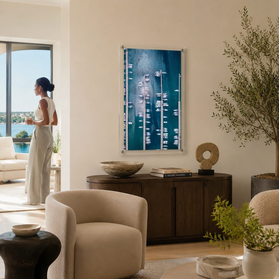 Modern nautical wall art featuring rows of boats at a marina