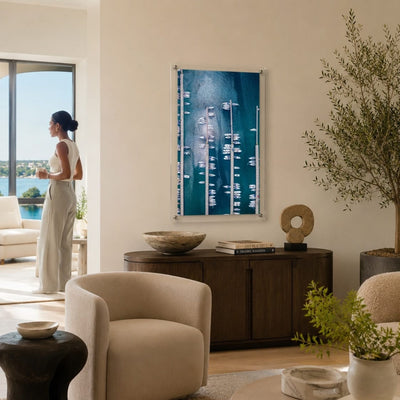 Modern nautical wall art featuring rows of boats at a marina