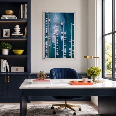 Aerial marina acrylic wall art with white boats and long docks