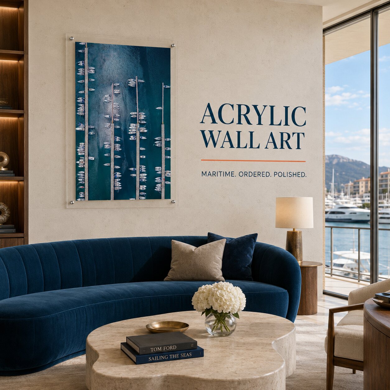 Vertical marina acrylic wall art with boats lined along docks
