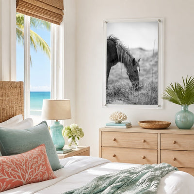 Equestrian acrylic wall art with a horse grazing outdoors