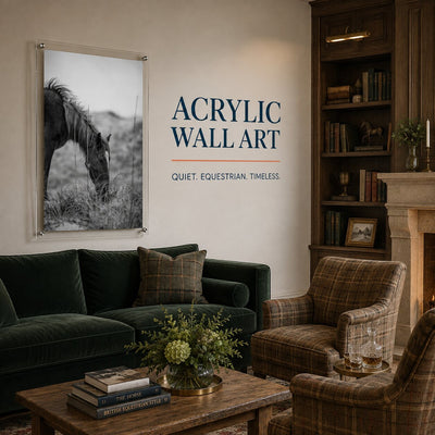Black and white horse acrylic wall art with a horse grazing in tall grass