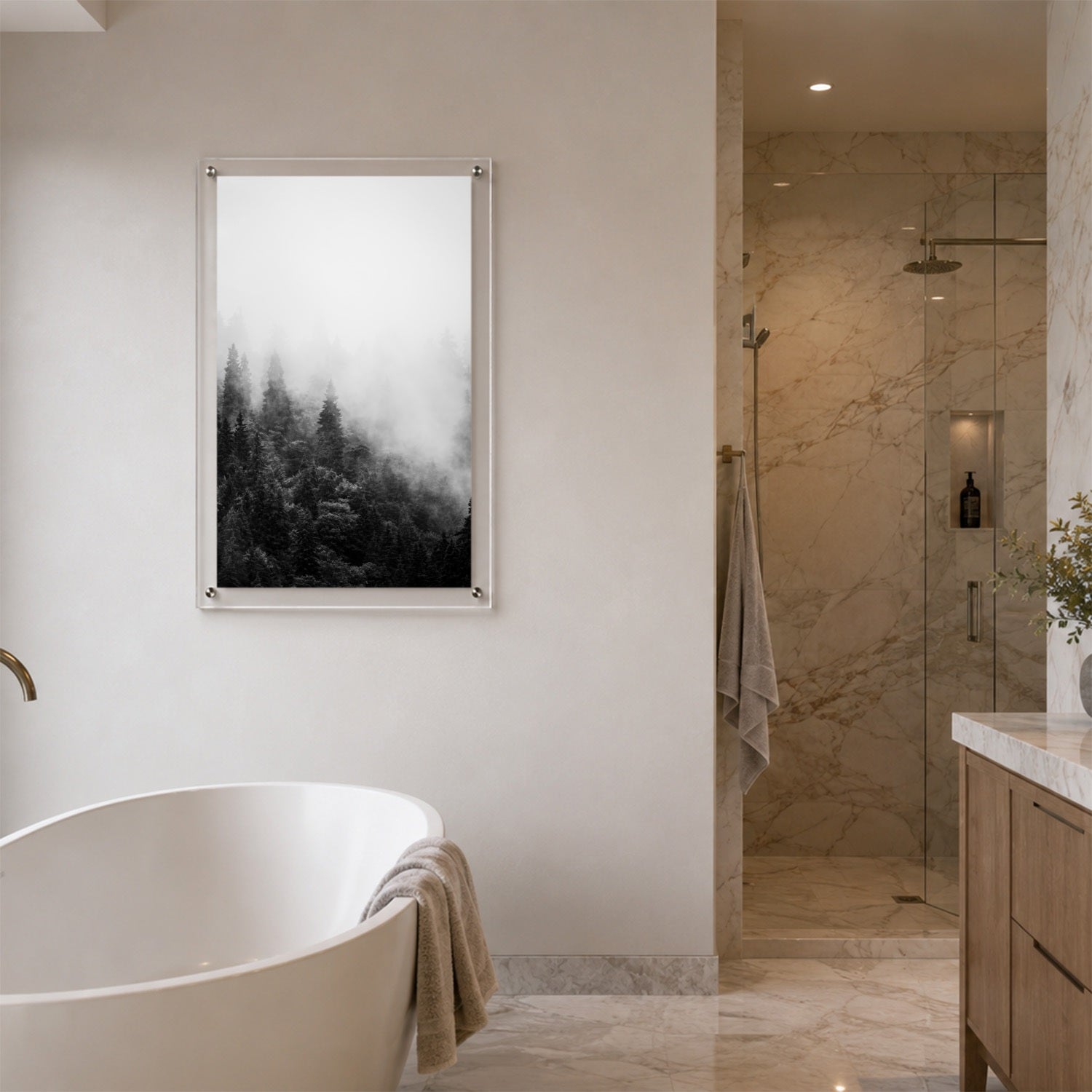 Forest on Mute acrylic wall art with moody fog and evergreen trees