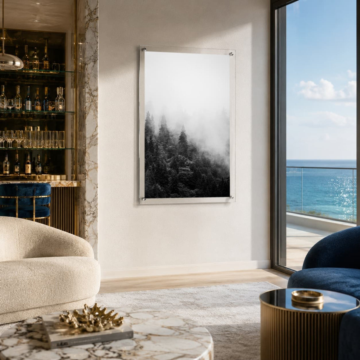 Modern black and white forest wall art on clear acrylic