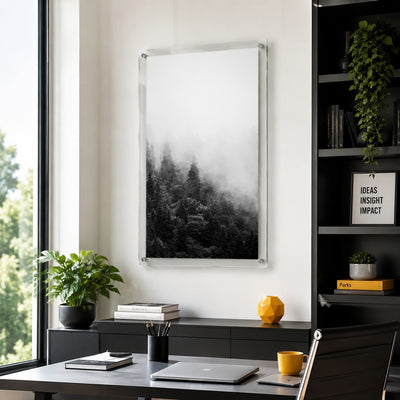 Black and white landscape wall art featuring a peaceful misty forest