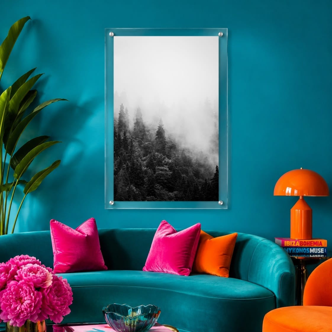 Misty mountain forest wall art in black and white