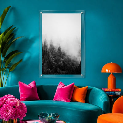 Misty mountain forest wall art in black and white