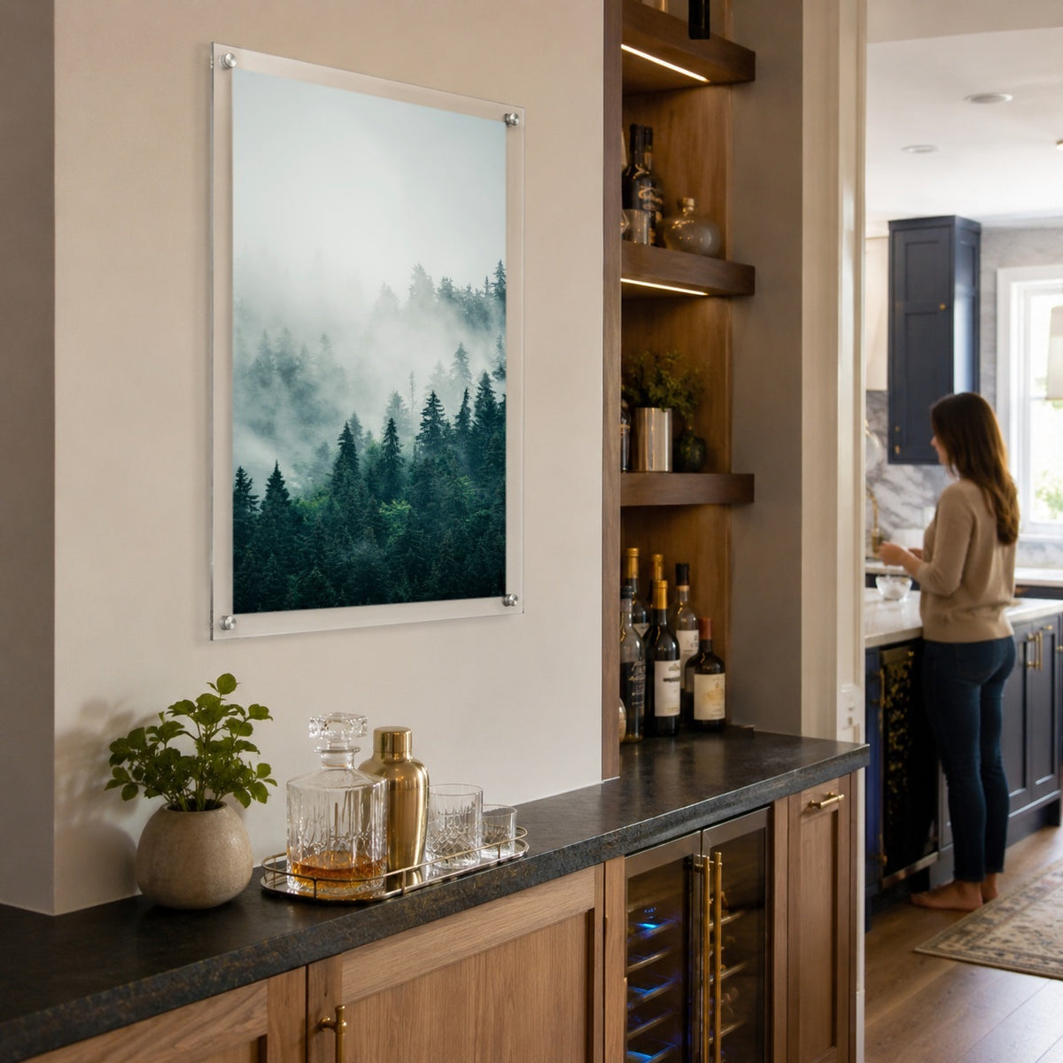 Pine & Seek acrylic wall art with layered pine trees and mist