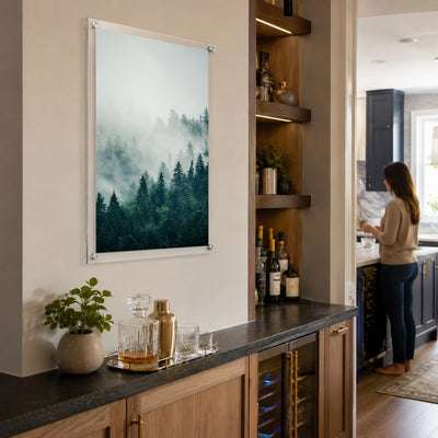 Pine & Seek acrylic wall art with layered pine trees and mist
