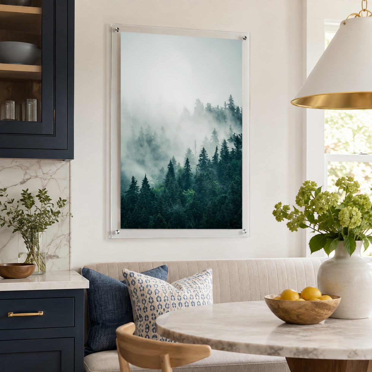 Pine & Seek wall art with moody forest photography
