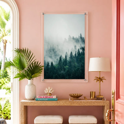 Vertical evergreen forest wall art with atmospheric fog