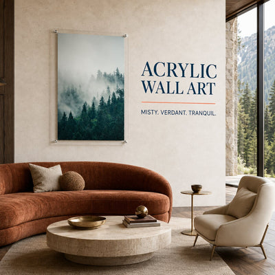 Vertical forest wall art featuring evergreen trees in soft mountain mist
