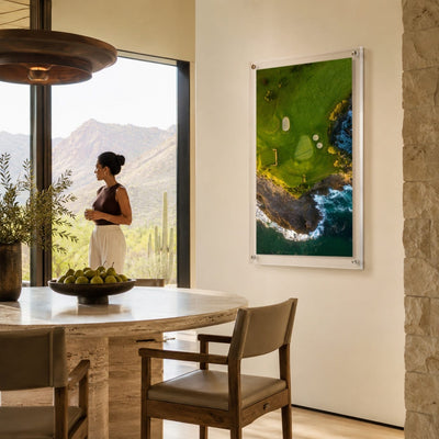 coastal hazard acrylic wall art print hanging in dining space