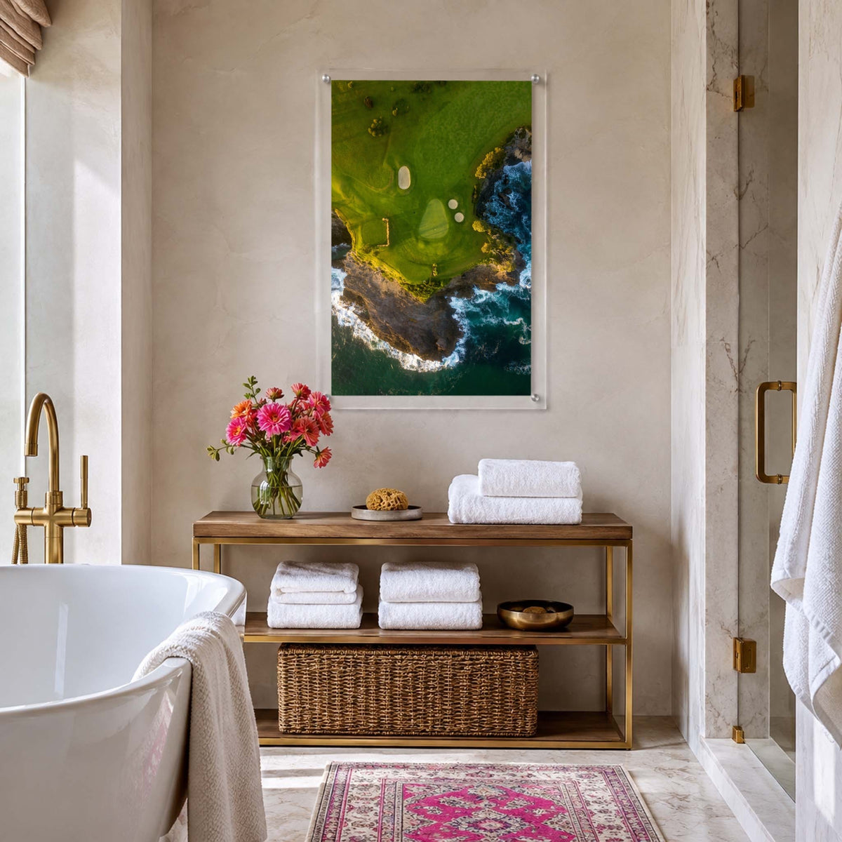 coastal hazard acrylic wall art print hanging in bathroom space