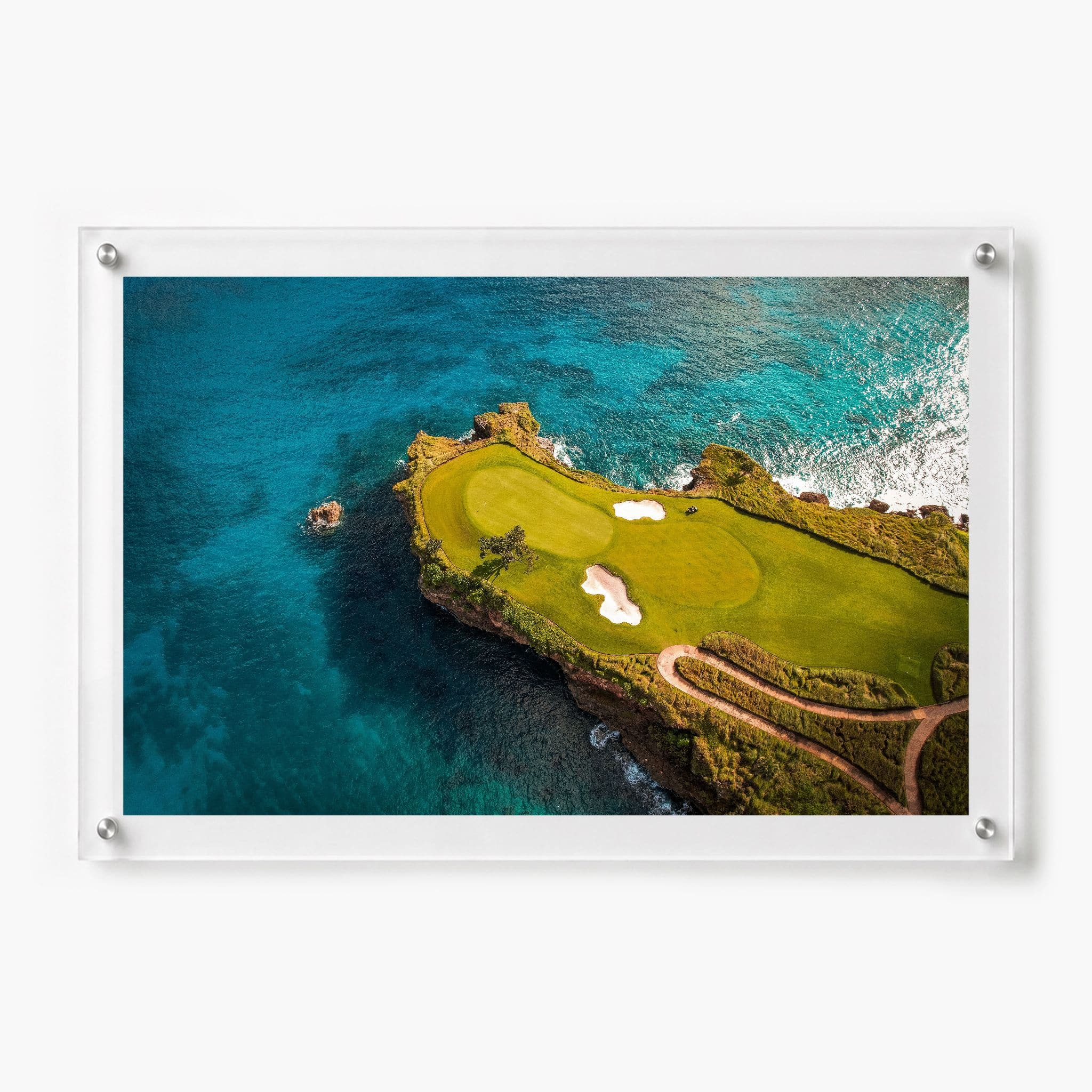 The Floating Fairway acrylic print with golf green and ocean cliffs