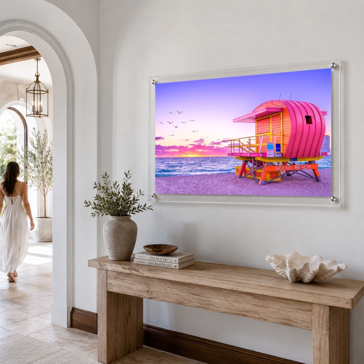 Tropical coastal acrylic wall art with pink lifeguard tower