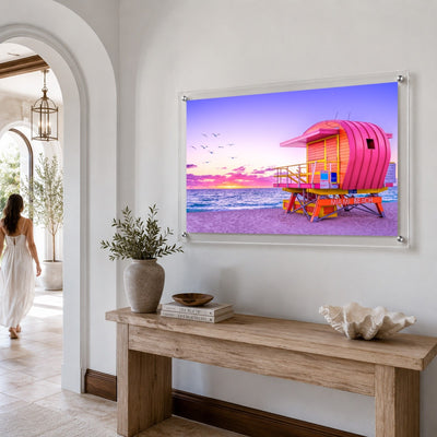 Tropical coastal acrylic wall art with pink lifeguard tower