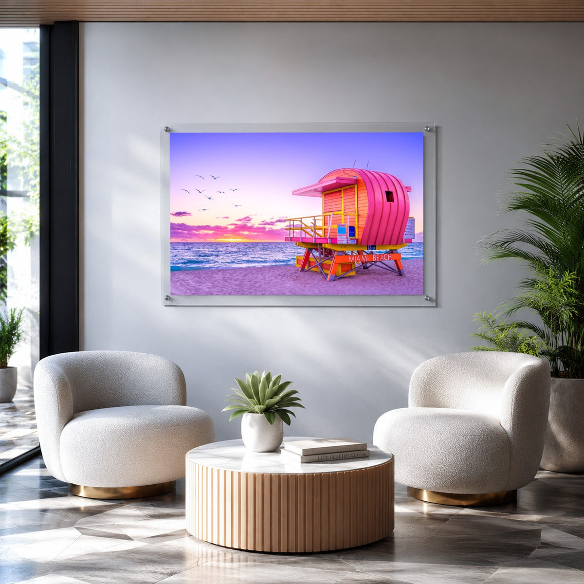 Pink Patrol acrylic wall art with ocean, sunset, and birds