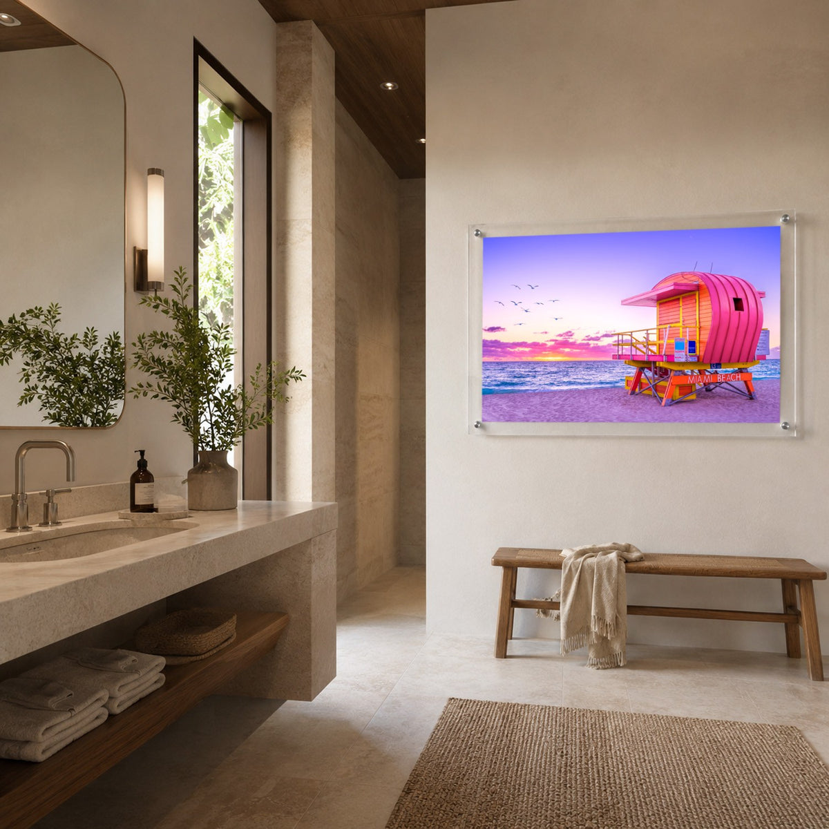 Pink lifeguard tower wall art with ocean and sandy beach