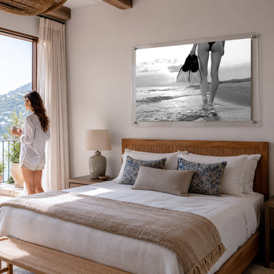 fins first black and white acrylic wall art hangin in bedroom