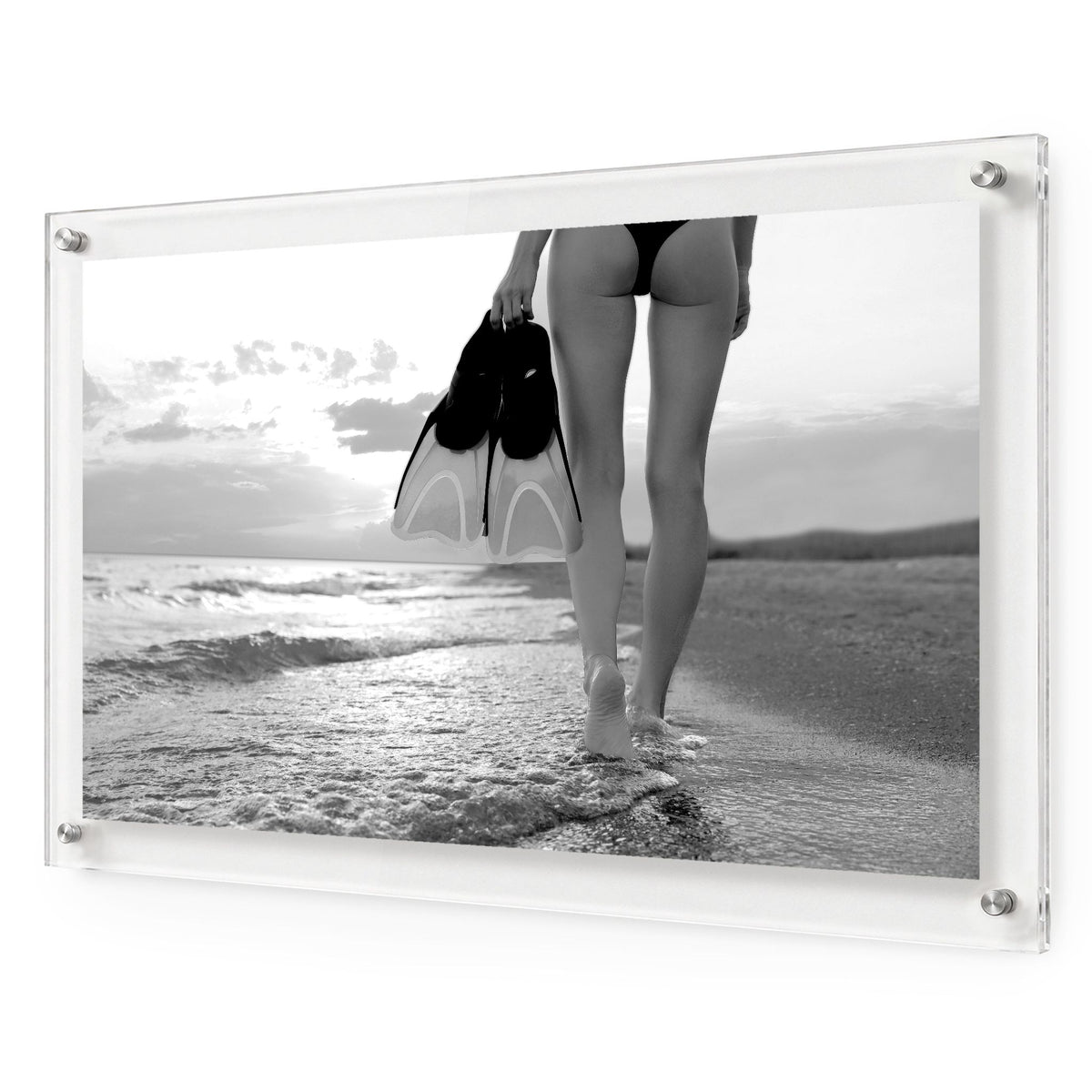 fins first black and white acrylic wall art angle shot
