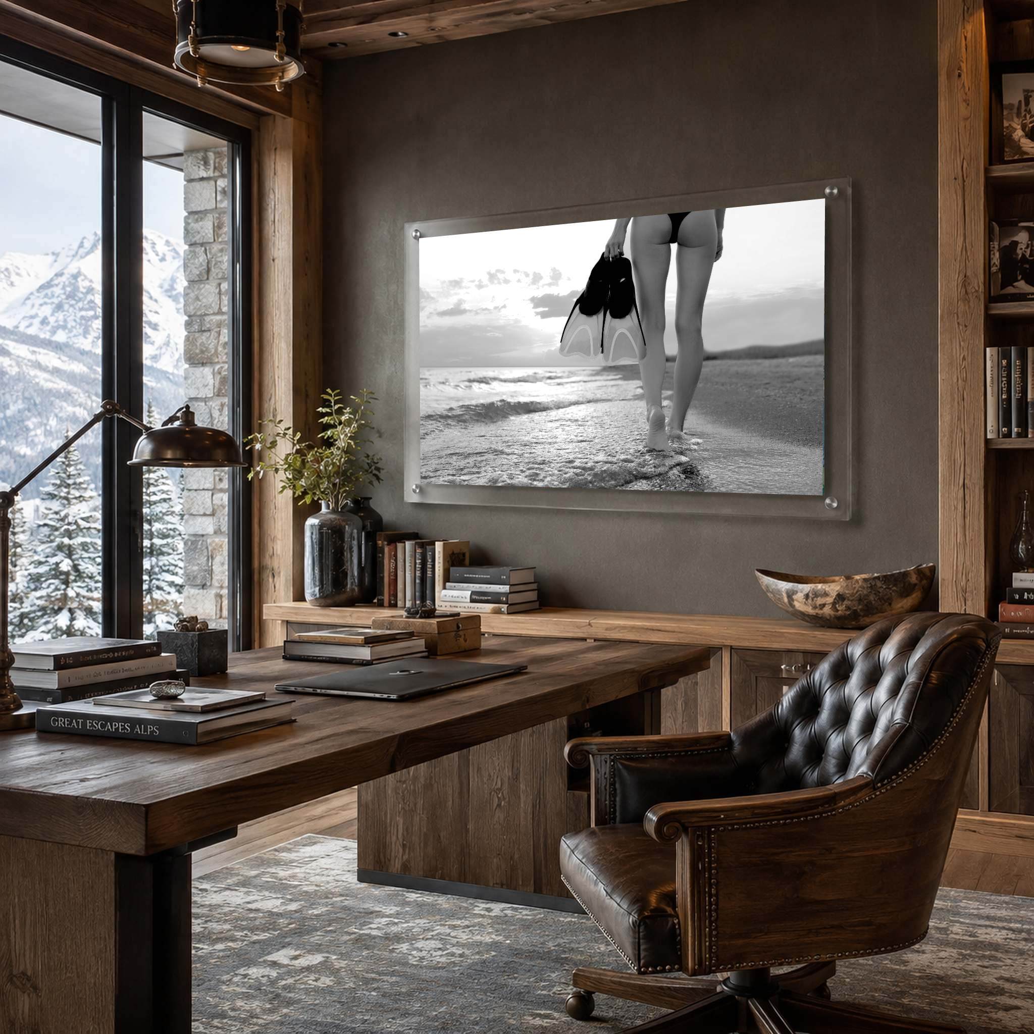 fins first black and white acrylic wall art in office scene