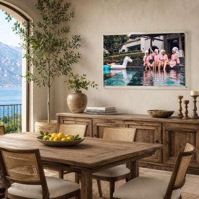 Modern acrylic wall art featuring a stylish poolside scene