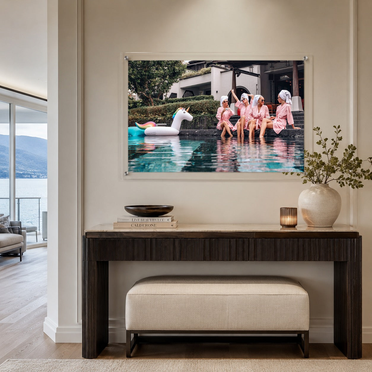 Colorful poolside photography wall art with women enjoying a spa day