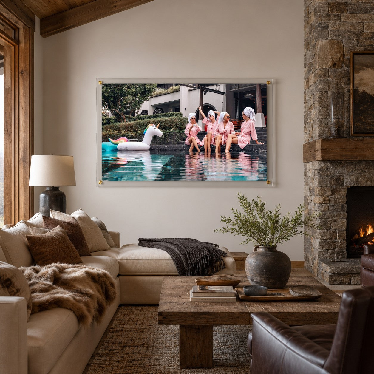 Playful poolside wall decor with women in pink robes