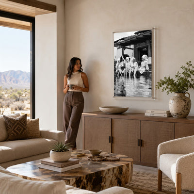 Breakfast at Brittany's vertical wall art with women seated beside a pool
