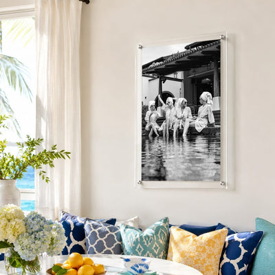 Vertical acrylic wall art featuring a stylish poolside spa scene