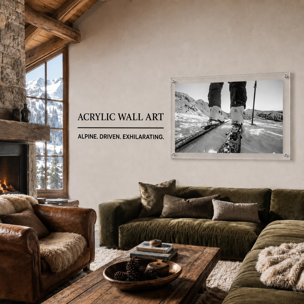 Black and white mountain road wall art displayed in a stylish living room scene