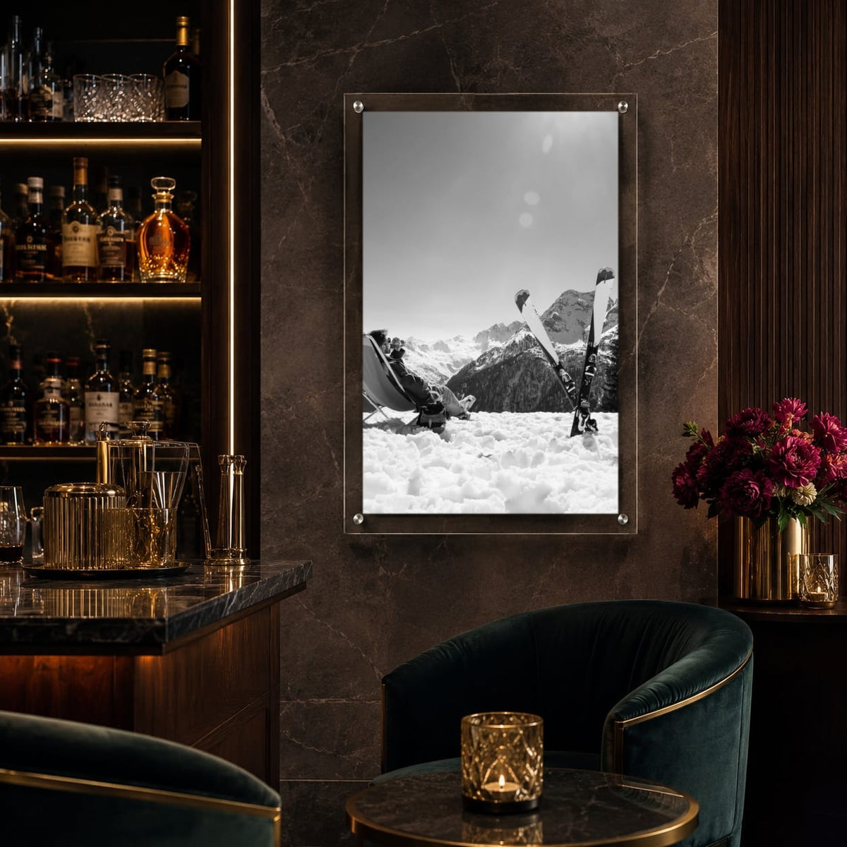 Black and white ski wall art displayed in a moody and stylish home bar
