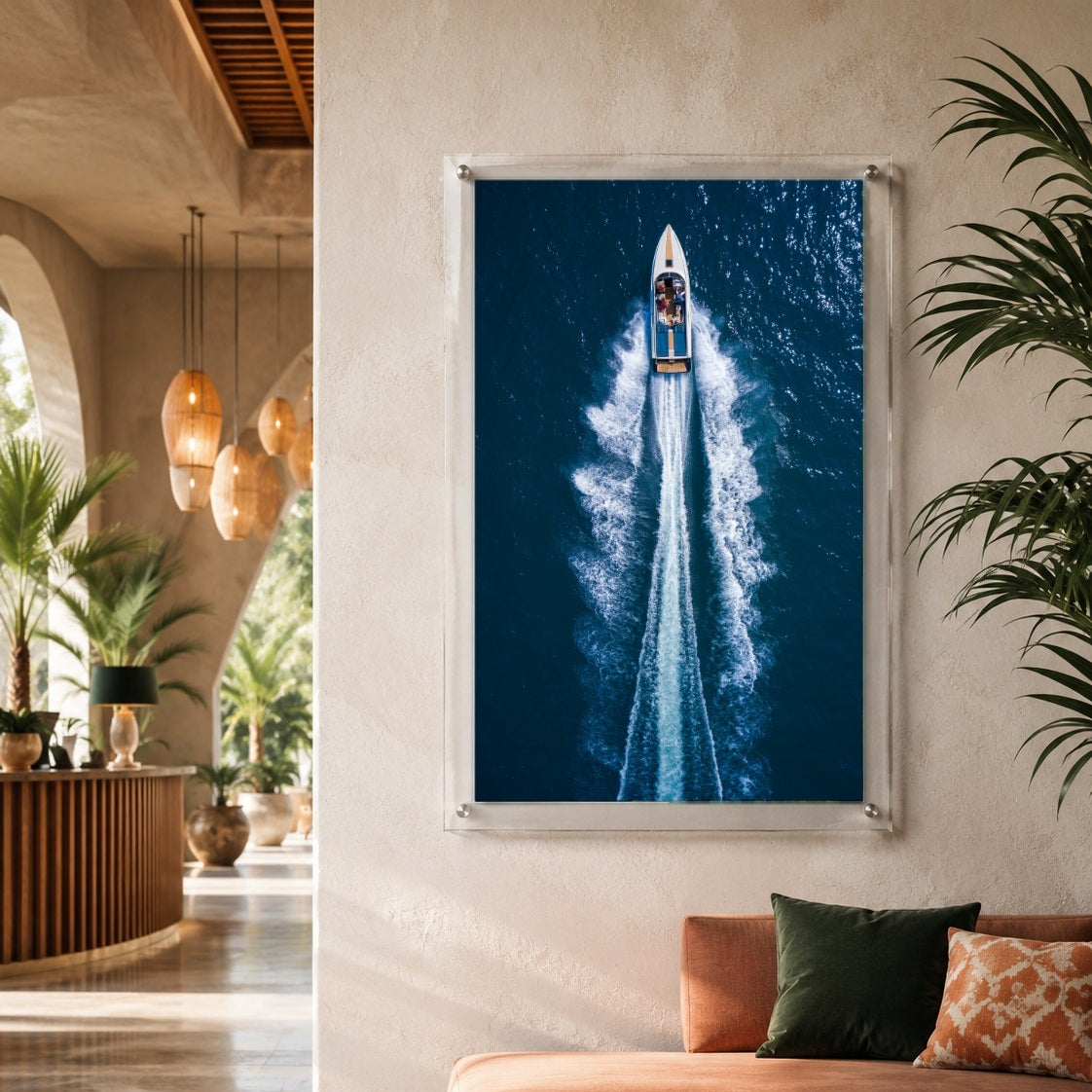Exit By Sea wall art in a bright resort-style arched hallway