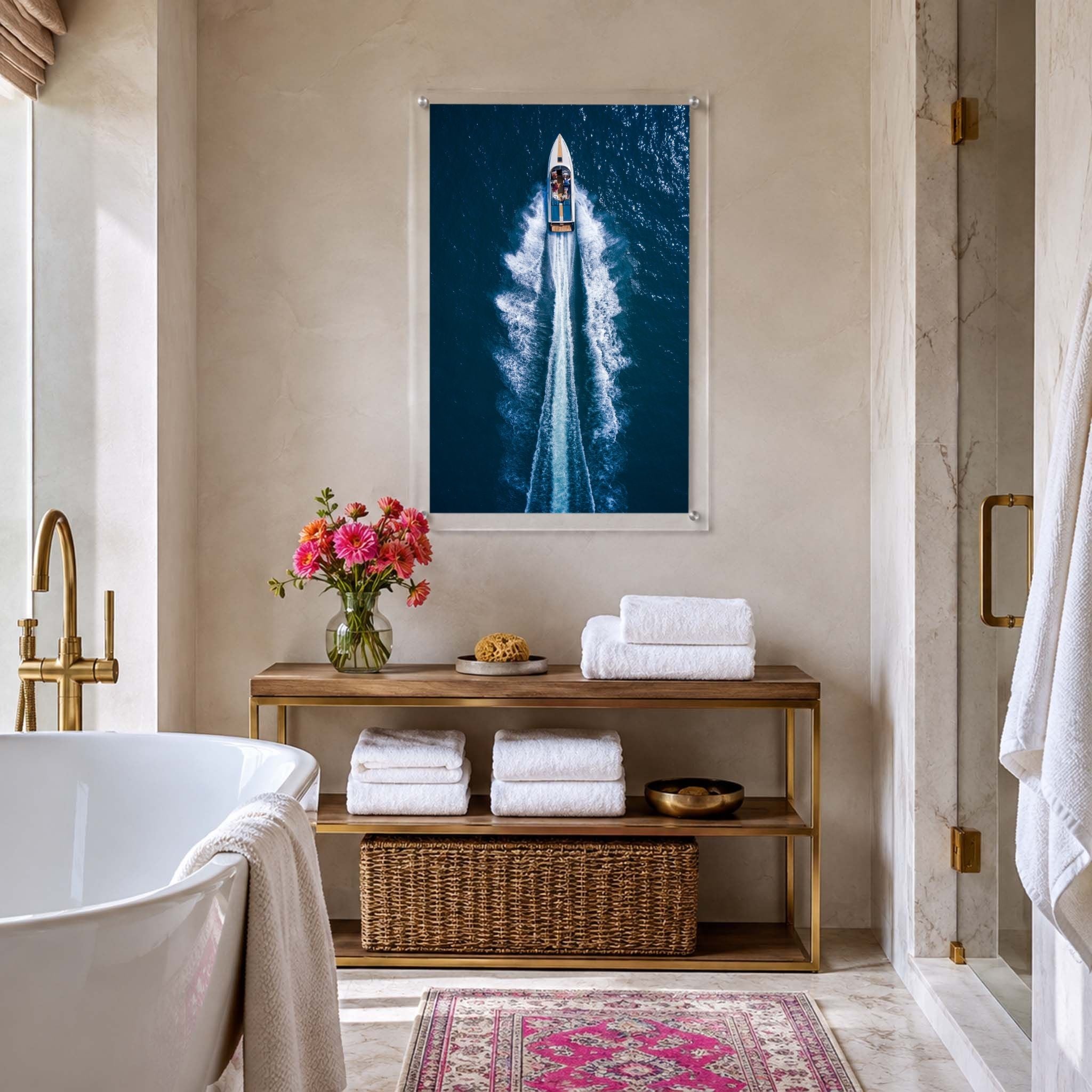 Exit By Sea wall art in an elegant bathroom with brass decor