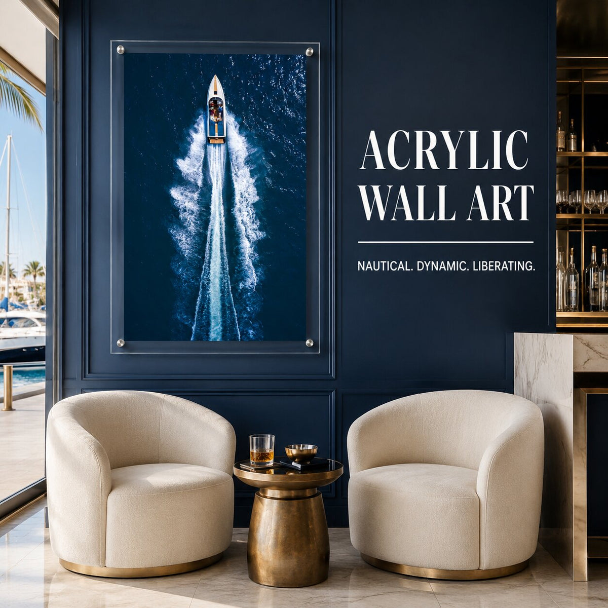 Exit By Sea wall art displayed in a modern seating area