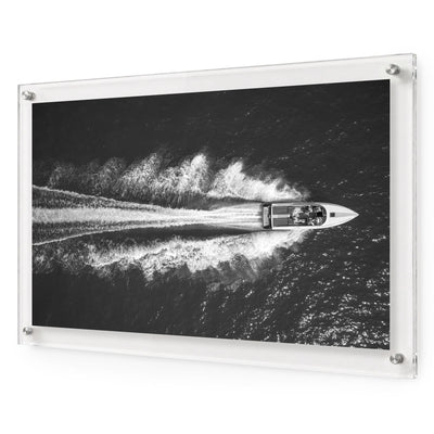 Exit By Sea wall art shown in a horizontal acrylic frame detail view in white background