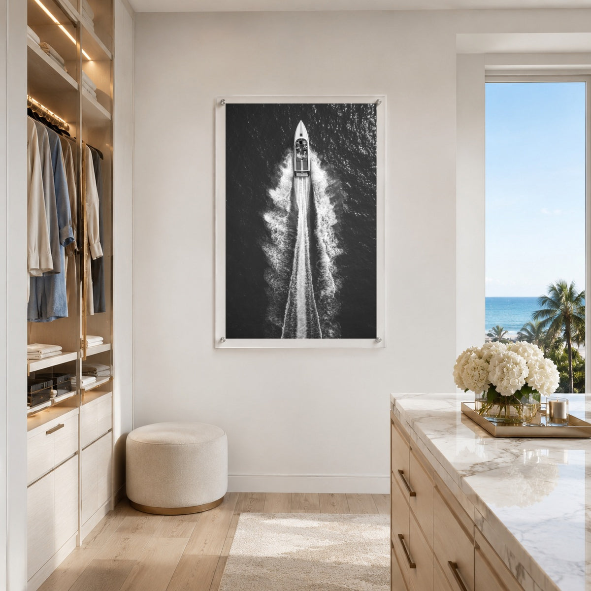 Exit By Sea wall art in an elegant closet with bedroom seeing ocean views