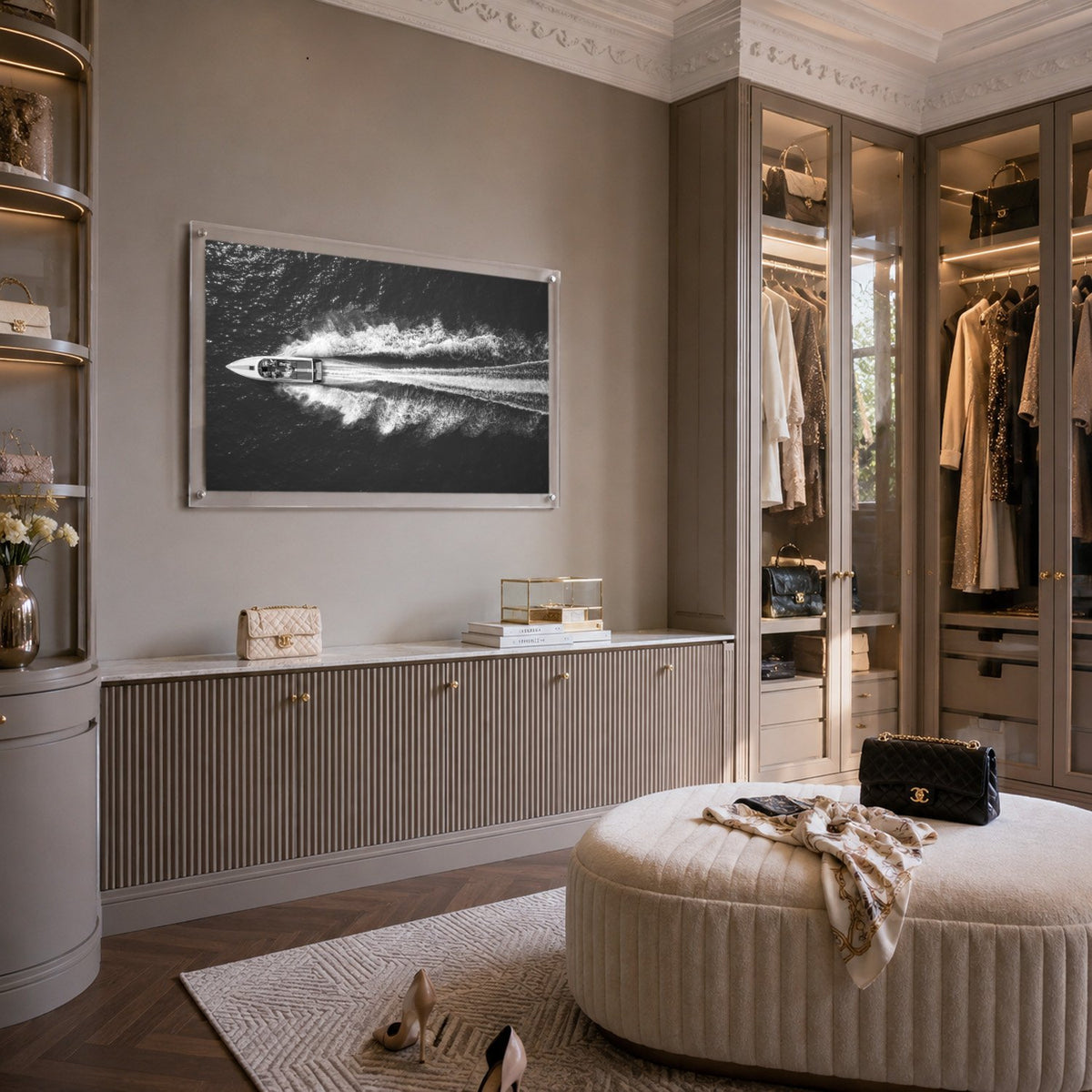 Exit By Sea wall art in a stylish Parisian dressing room setting