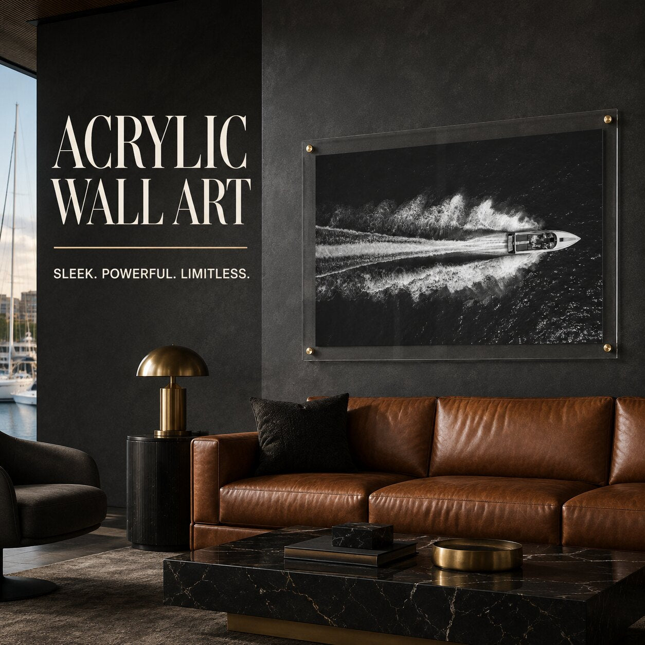 Exit By Sea wall art above a leather sofa in a modern lounge