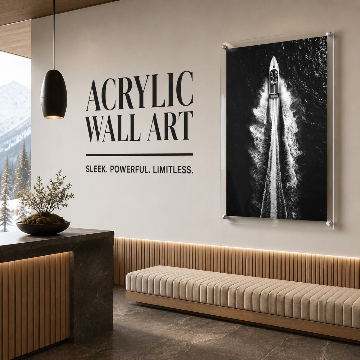 Exit By Sea wall art showcased above a long bench in a modern room